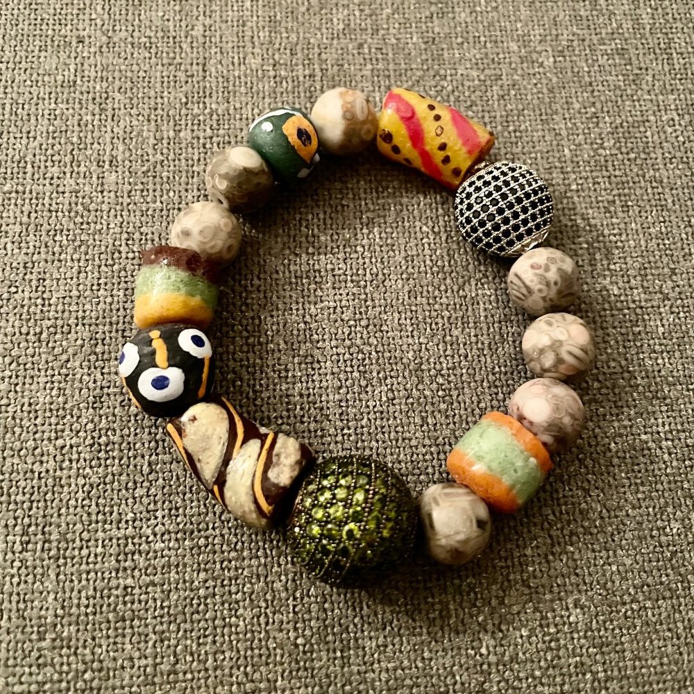 Pave, African beads Stretch Bracelet